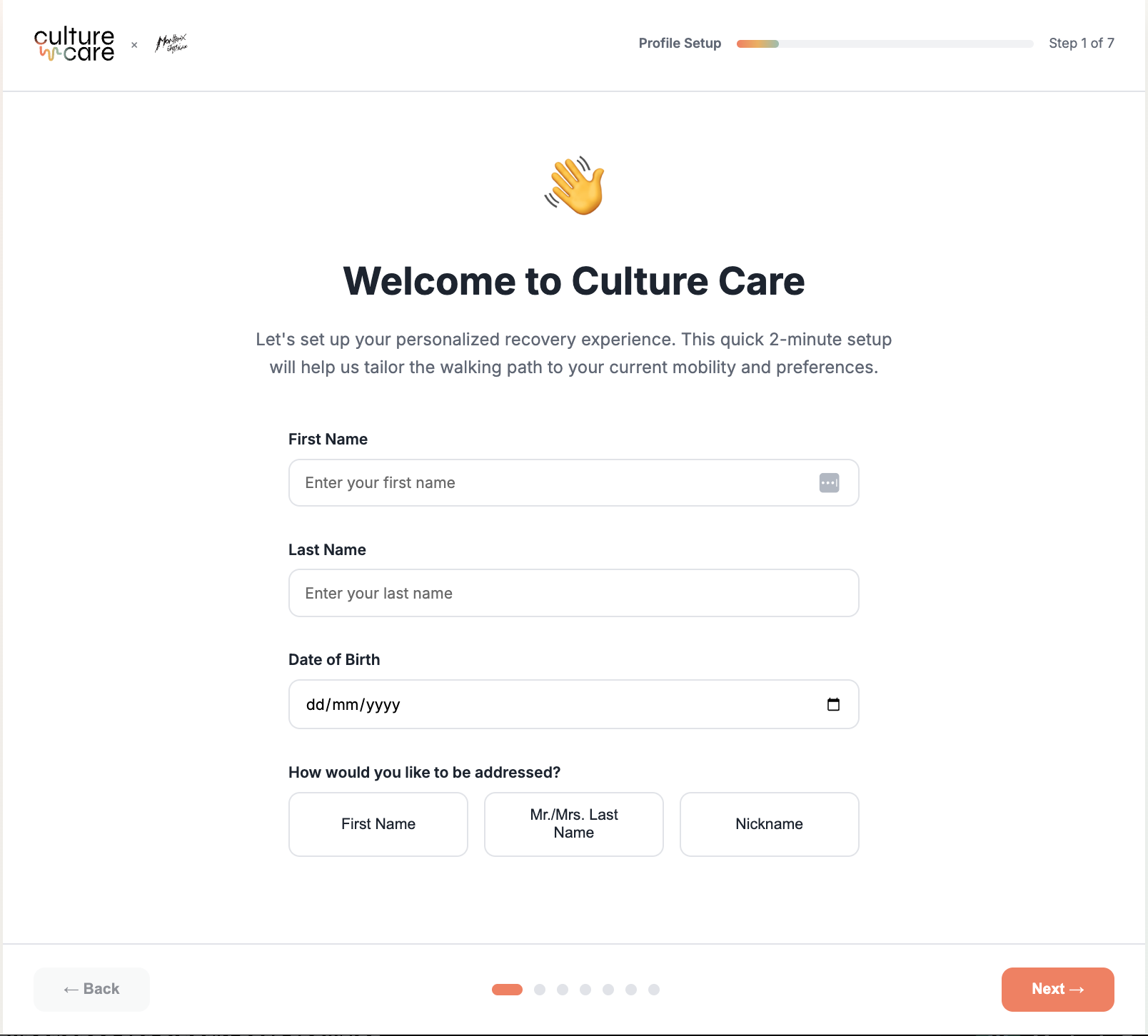 Patient onboarding form showing music era selection (1970s Jazz, 1990s Grunge, 2010s Indie), listening style options, and walking duration preferences on a tablet interface
