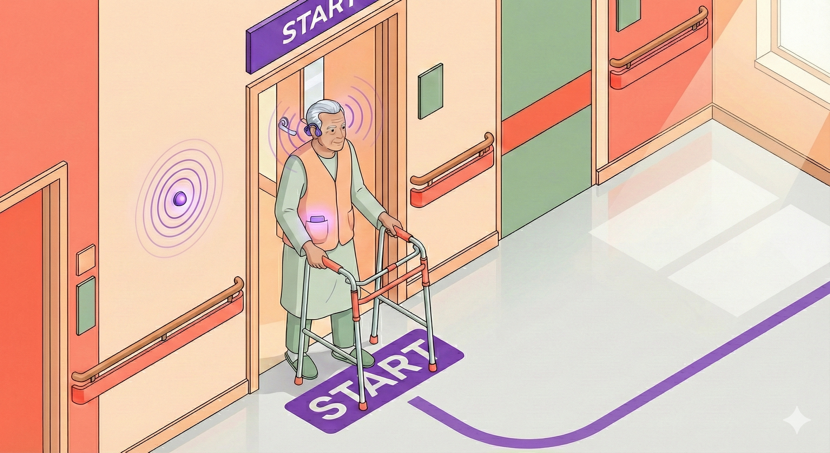 Patient starting walk at START marker with first beacon