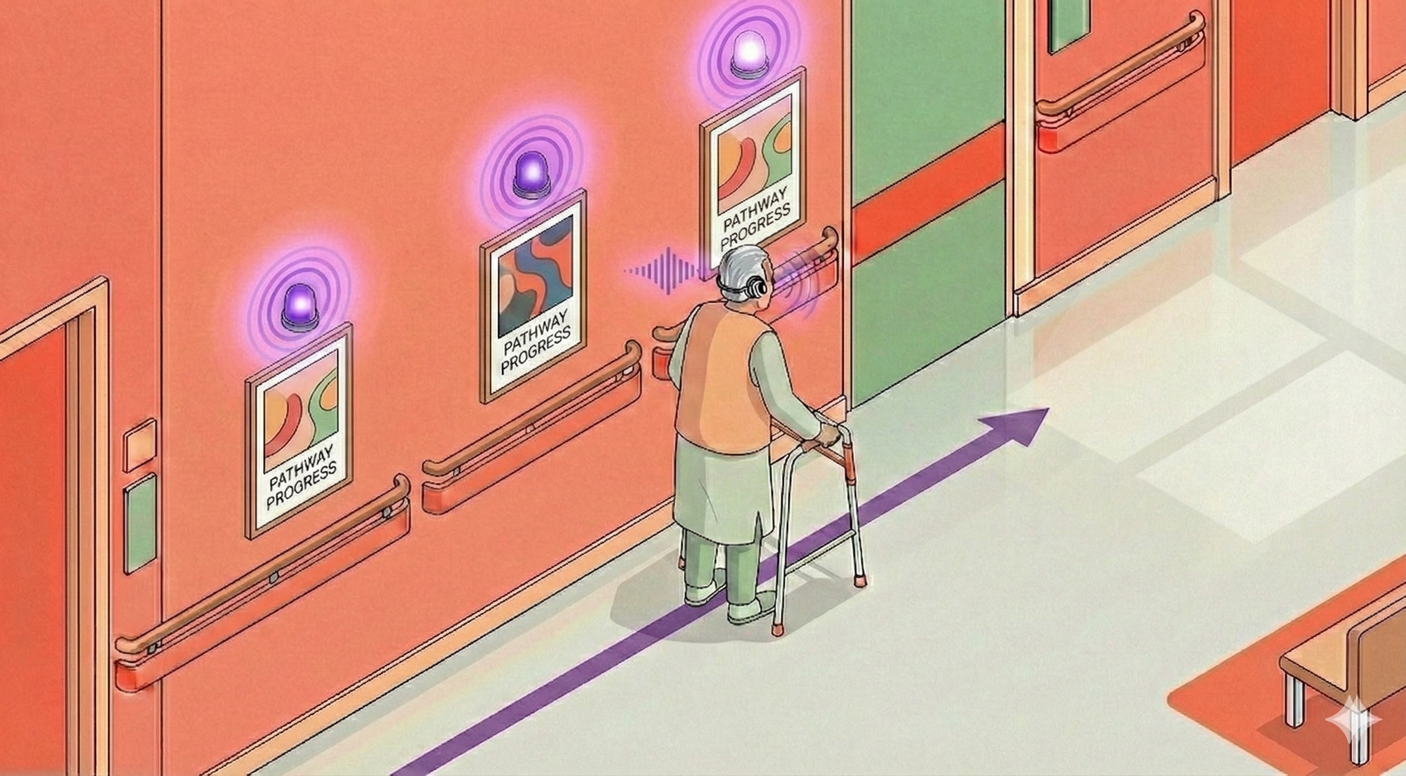 Patient walking along corridor with multiple beacons visible