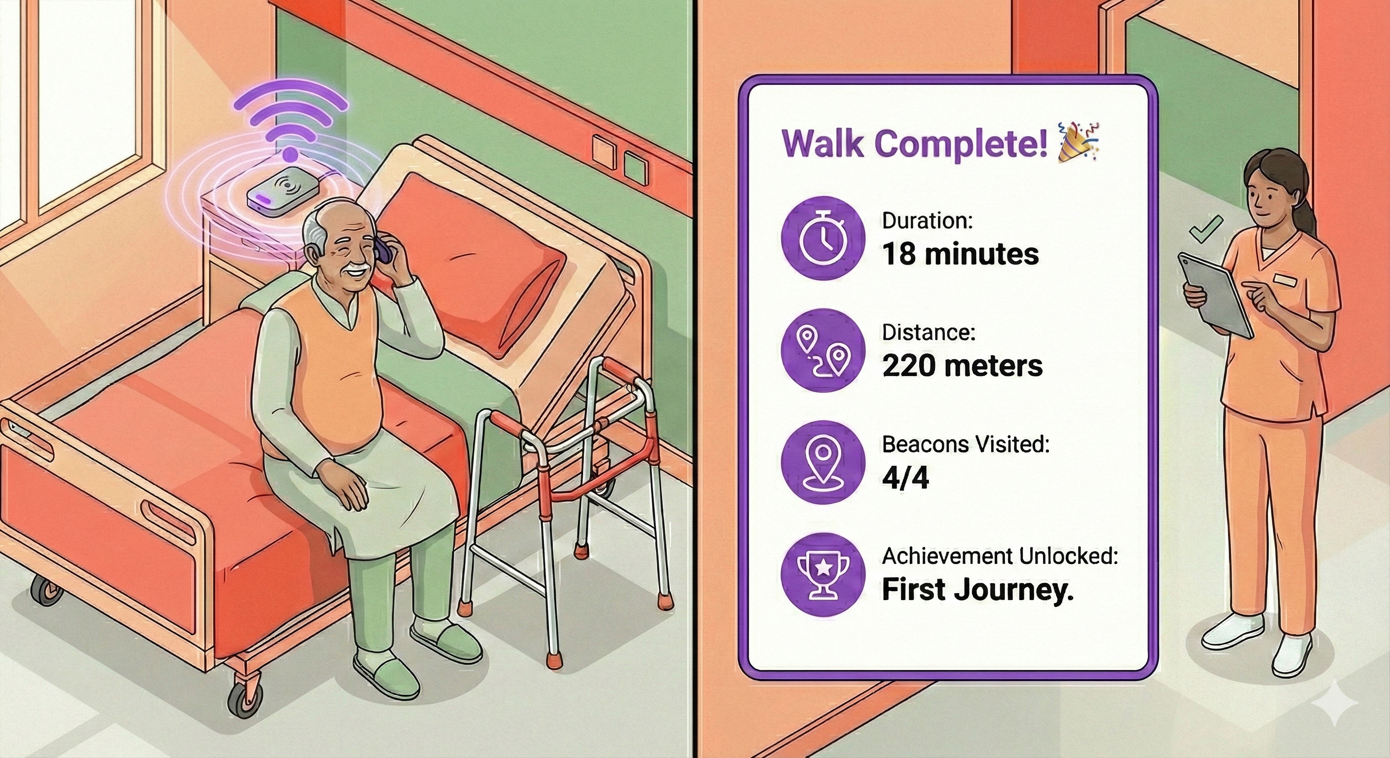 Patient completing session with calm return-to-room summary screen
